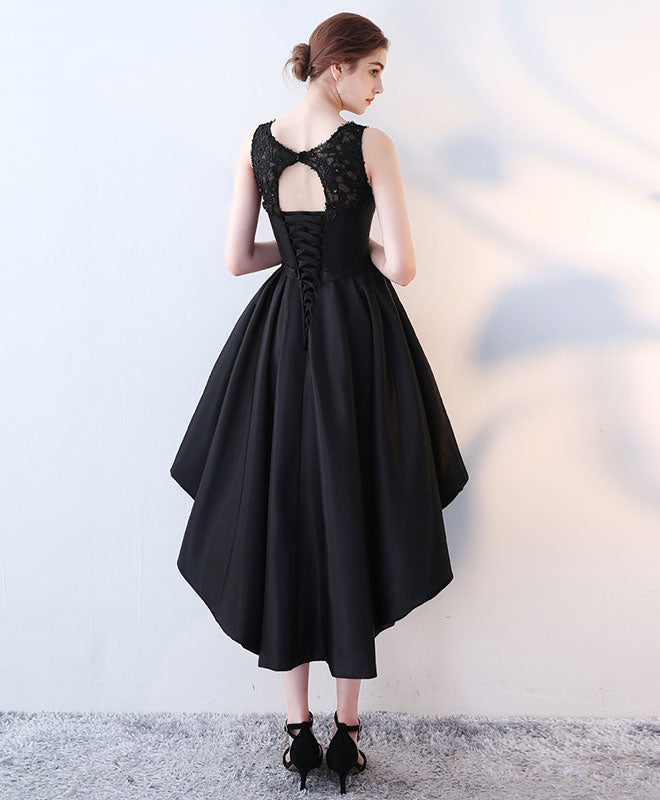 A-Line Scoop Neck High-Low Satin & Lace Homecoming Dress with Layered Skirt