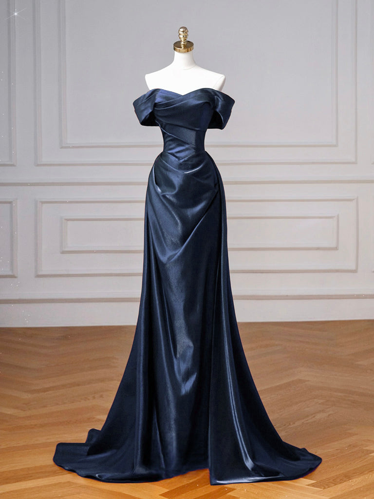 Sheath Off-the-Shoulder Floor-Length Satin Prom Dress with Sculpted Draping