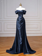 Sheath Off-the-Shoulder Floor-Length Satin Prom Dress with Sculpted Draping