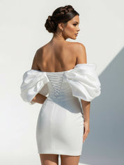Sheath Glitter Short Off - the - Shoulder Wedding Dress With Lace - Up Back - KissProm