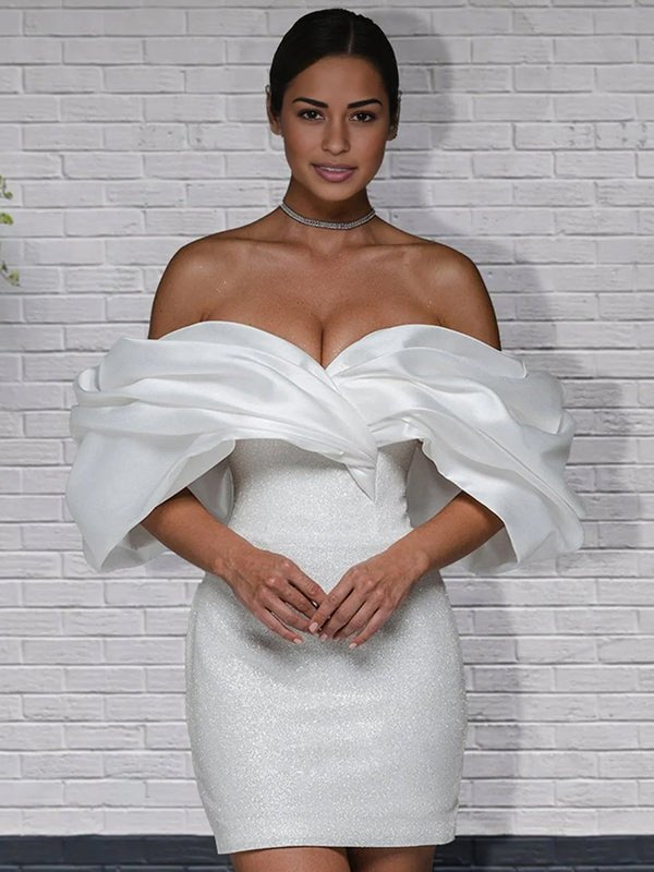 Sheath Glitter Short Off - the - Shoulder Wedding Dress With Lace - Up Back - KissProm