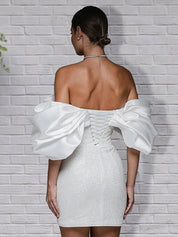 Sheath Glitter Short Off - the - Shoulder Wedding Dress With Lace - Up Back - KissProm