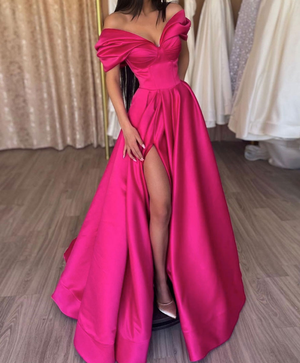 A-line Off-the-Shoulder Floor-Length Satin Prom Dress with Lace-Up Back