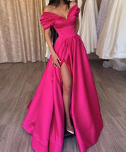 A-line Off-the-Shoulder Floor-Length Satin Prom Dress with Lace-Up Back