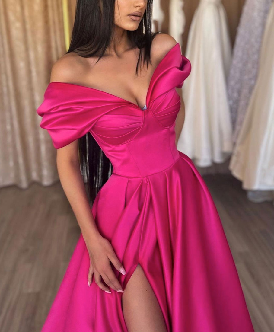 A-line Off-the-Shoulder Floor-Length Satin Prom Dress with Lace-Up Back