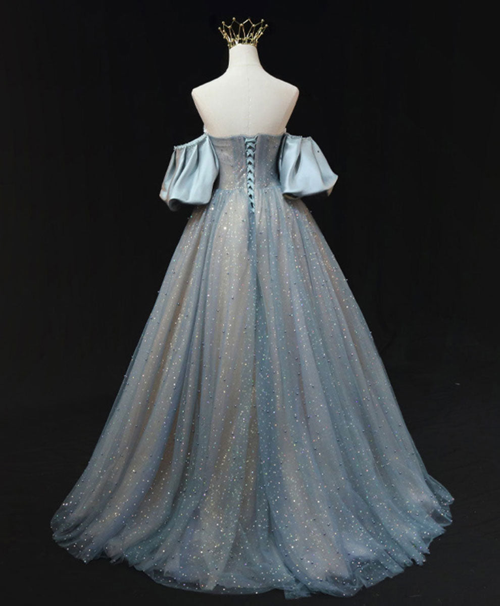 Off-the-Shoulder Glitter Tulle Ball Gown with Satin Puff Sleeves and Beaded Waist