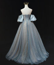 Off-the-Shoulder Glitter Tulle Ball Gown with Satin Puff Sleeves and Beaded Waist