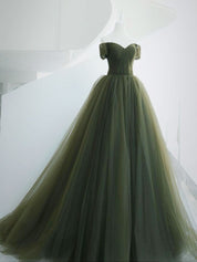 A-Line Sweetheart Neck Green Long Prom Dress, Sweep Train Green  Formal Dress