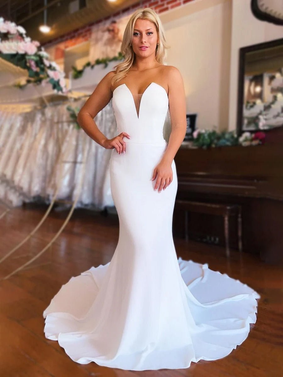 Skyla | Simple White Boho Mermaid Satin Long Sleeveless Wedding Dress - KissProm