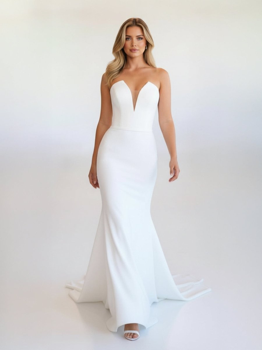 Skyla | Simple White Boho Mermaid Satin Long Sleeveless Wedding Dress - KissProm