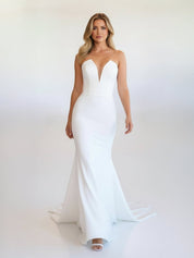 Skyla | Simple White Boho Mermaid Satin Long Sleeveless Wedding Dress - KissProm