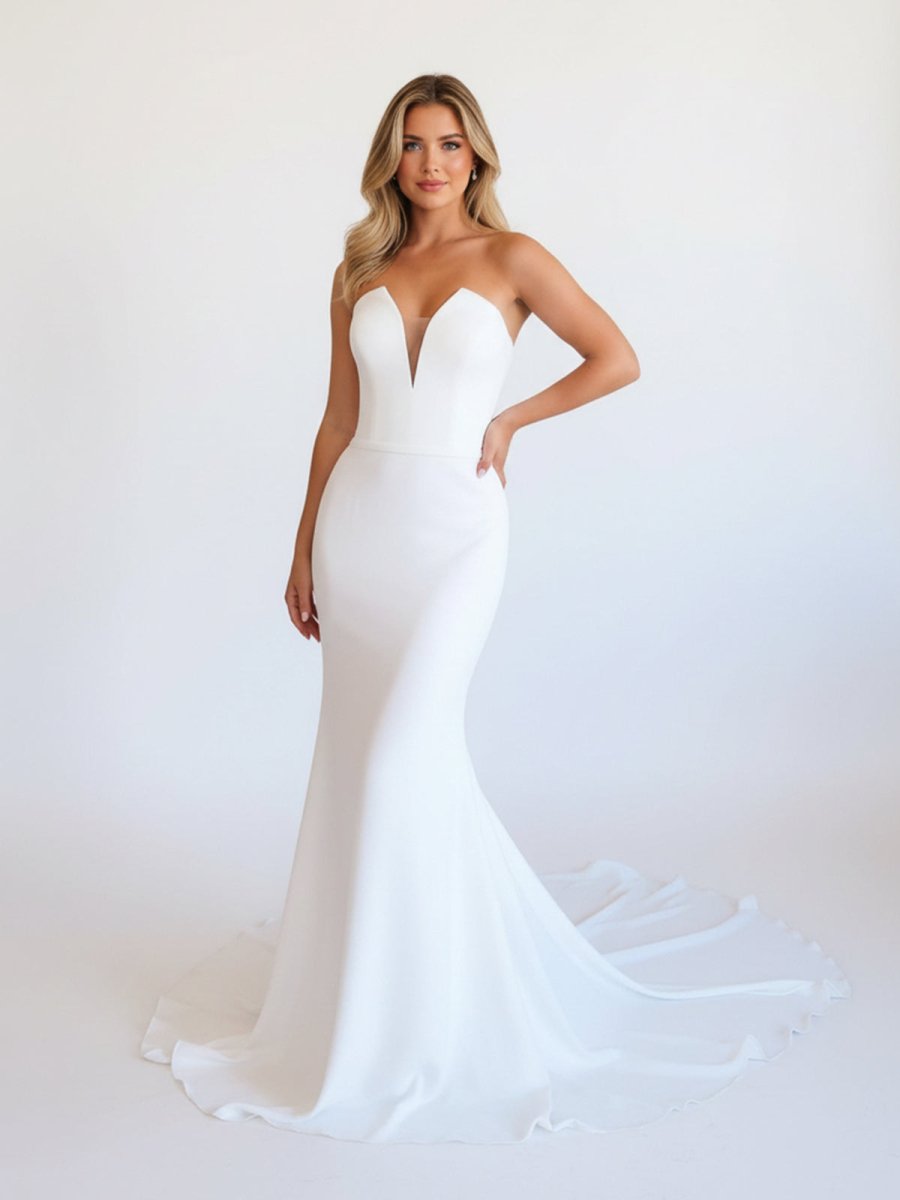 Skyla | Simple White Boho Mermaid Satin Long Sleeveless Wedding Dress - KissProm