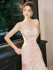 A-Line Sweetheart Neck Satin Pink Long Prom Dress, Pink Long Formal Dress