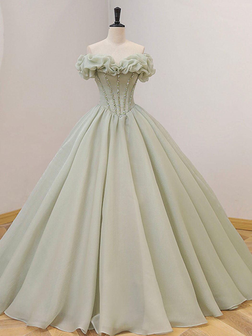 A-Line Off-the-Shoulder Floor-Length Sage Green Tulle Prom Dress with Beaded Corset Bodice