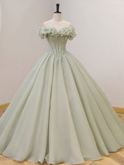 A-Line Off-the-Shoulder Floor-Length Sage Green Tulle Prom Dress with Beaded Corset Bodice