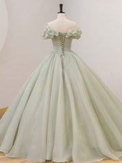 A-Line Off-the-Shoulder Floor-Length Sage Green Tulle Prom Dress with Beaded Corset Bodice
