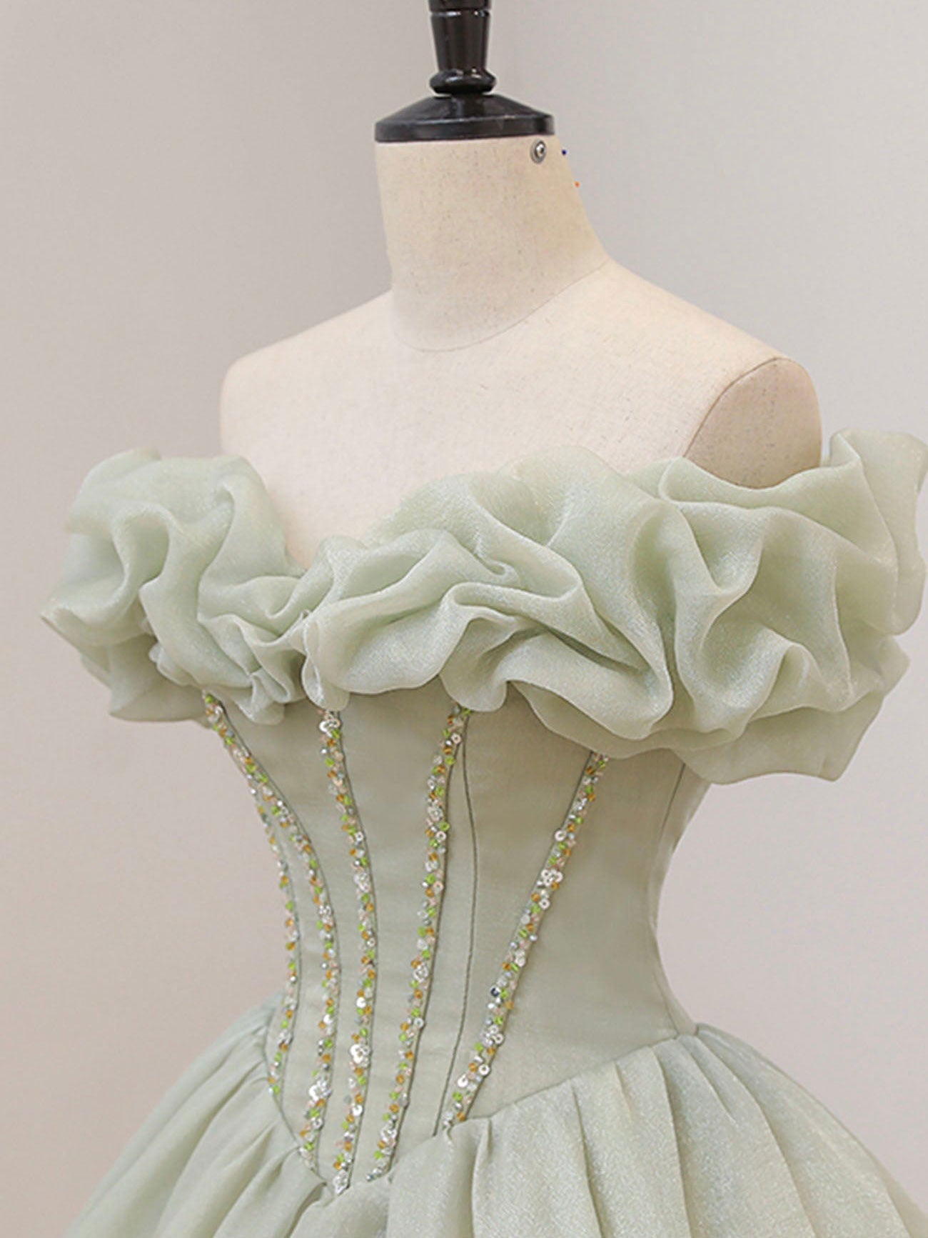A-Line Off-the-Shoulder Floor-Length Sage Green Tulle Prom Dress with Beaded Corset Bodice