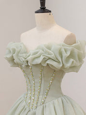 A-Line Off-the-Shoulder Floor-Length Sage Green Tulle Prom Dress with Beaded Corset Bodice