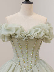 A-Line Off-the-Shoulder Floor-Length Sage Green Tulle Prom Dress with Beaded Corset Bodice
