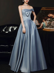 Steel Blue A-Line Off-the-Shoulder Floor-Length Satin Prom Dress with Sculpted Bow Bodice