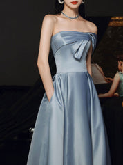 Steel Blue A-Line Off-the-Shoulder Floor-Length Satin Prom Dress with Sculpted Bow Bodice