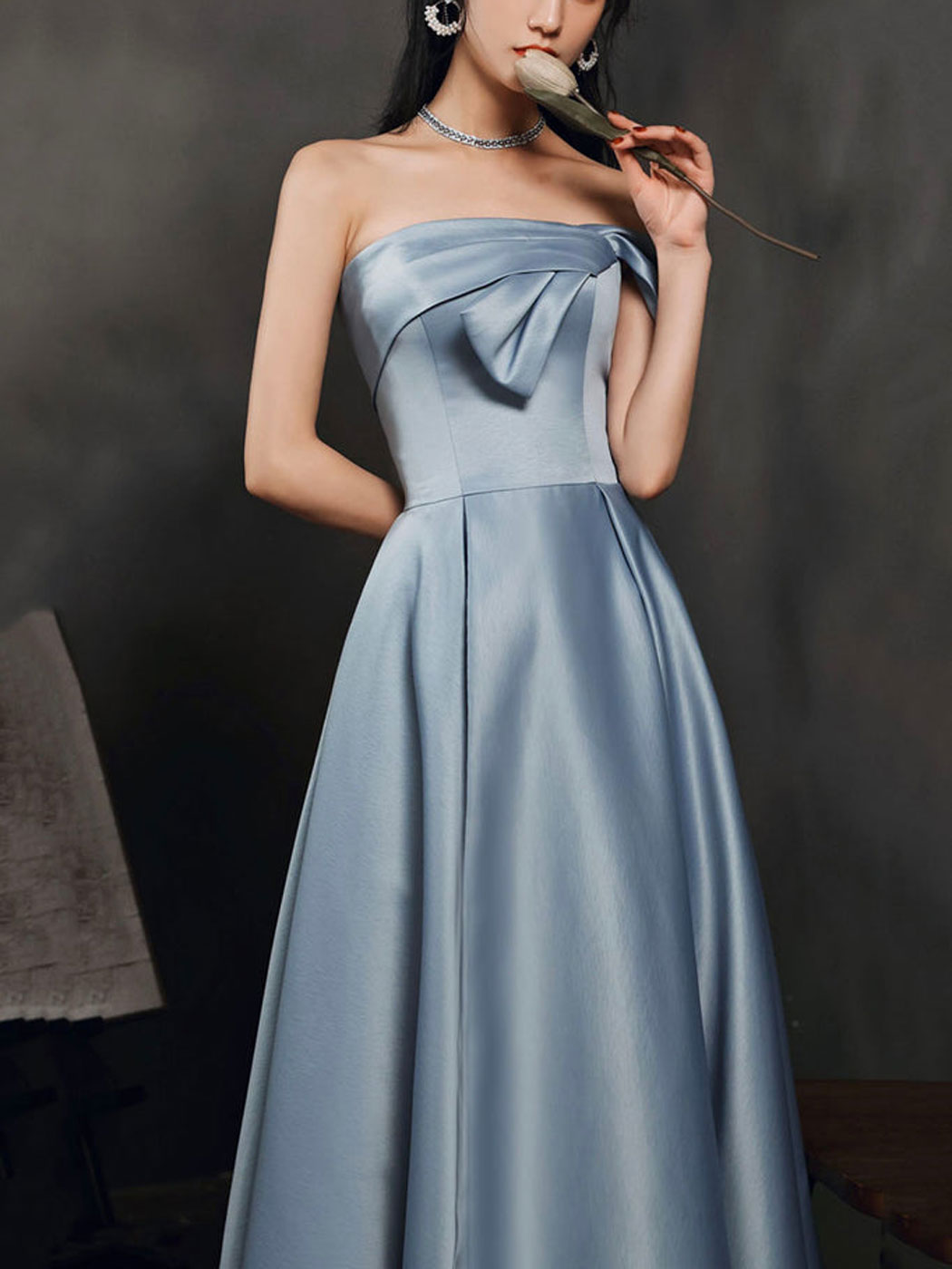 Steel Blue A-Line Off-the-Shoulder Floor-Length Satin Prom Dress with Sculpted Bow Bodice