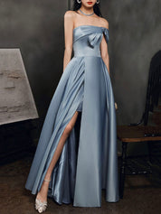 Steel Blue A-Line Off-the-Shoulder Floor-Length Satin Prom Dress with Sculpted Bow Bodice