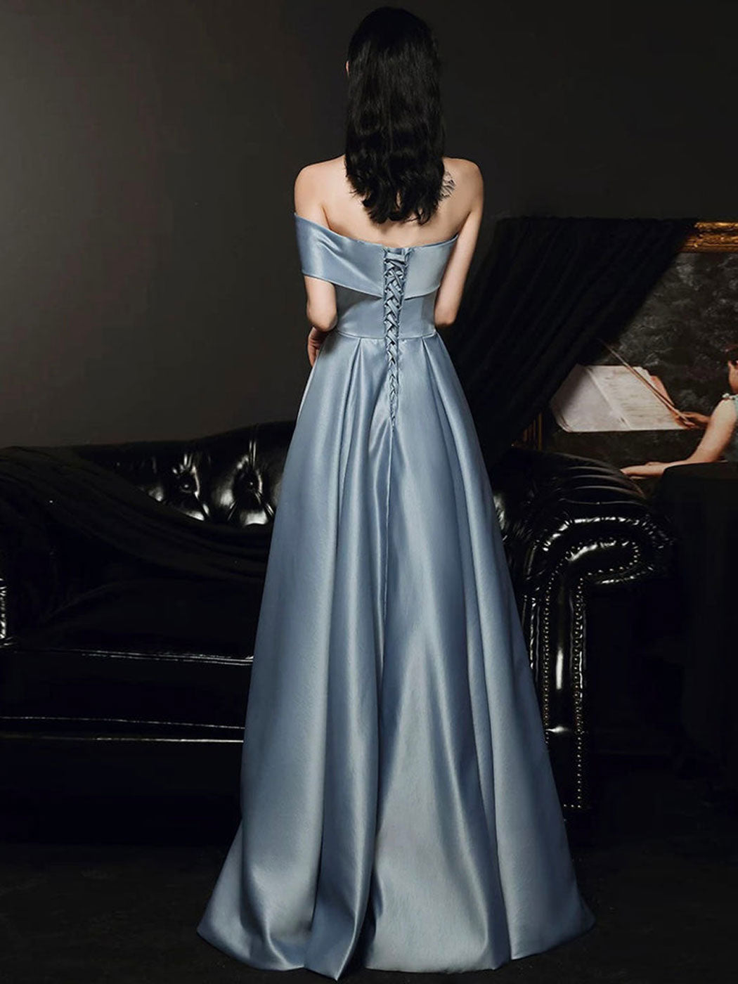 Steel Blue A-Line Off-the-Shoulder Floor-Length Satin Prom Dress with Sculpted Bow Bodice