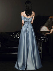 Steel Blue A-Line Off-the-Shoulder Floor-Length Satin Prom Dress with Sculpted Bow Bodice