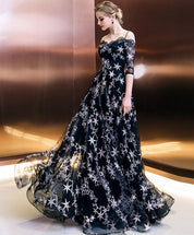 A-Line Off-the-Shoulder Illusion Neck Floor-Length Star Lace Tulle Prom Dress