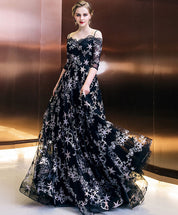 A-Line Off-the-Shoulder Illusion Neck Floor-Length Star Lace Tulle Prom Dress