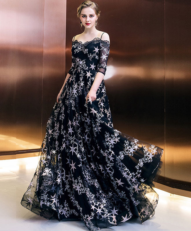 A-Line Off-the-Shoulder Illusion Neck Floor-Length Star Lace Tulle Prom Dress