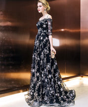 A-Line Off-the-Shoulder Illusion Neck Floor-Length Star Lace Tulle Prom Dress