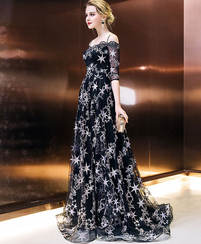 A-Line Off-the-Shoulder Illusion Neck Floor-Length Star Lace Tulle Prom Dress