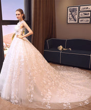 Ball Gown Illusion Scoop Neck Floor-Length Tulle & Lace Floral Appliqué Prom Dress