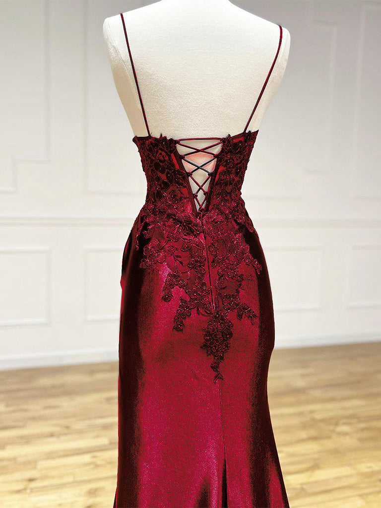 Burgundy V Neck Satin Lace Long Prom Dress, Burgundy Lace Long Evening Dress
