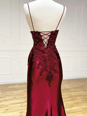 Burgundy V Neck Satin Lace Long Prom Dress, Burgundy Lace Long Evening Dress
