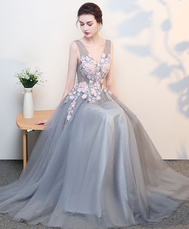 A-Line V-Neck Floor-Length Tulle & Lace Appliqué Prom Dress
