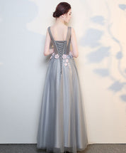 A-Line V-Neck Floor-Length Tulle & Lace Appliqué Prom Dress