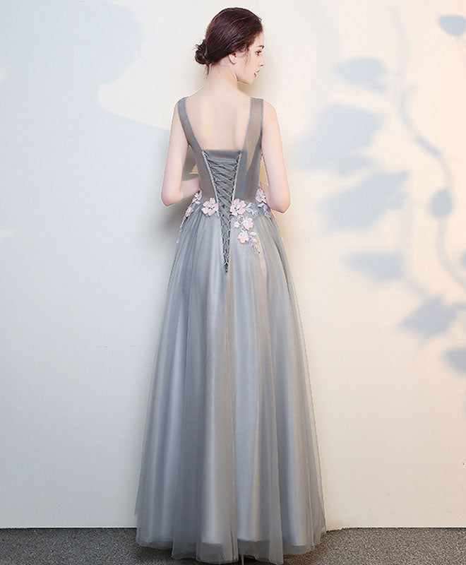 A-Line V-Neck Floor-Length Tulle & Lace Appliqué Prom Dress