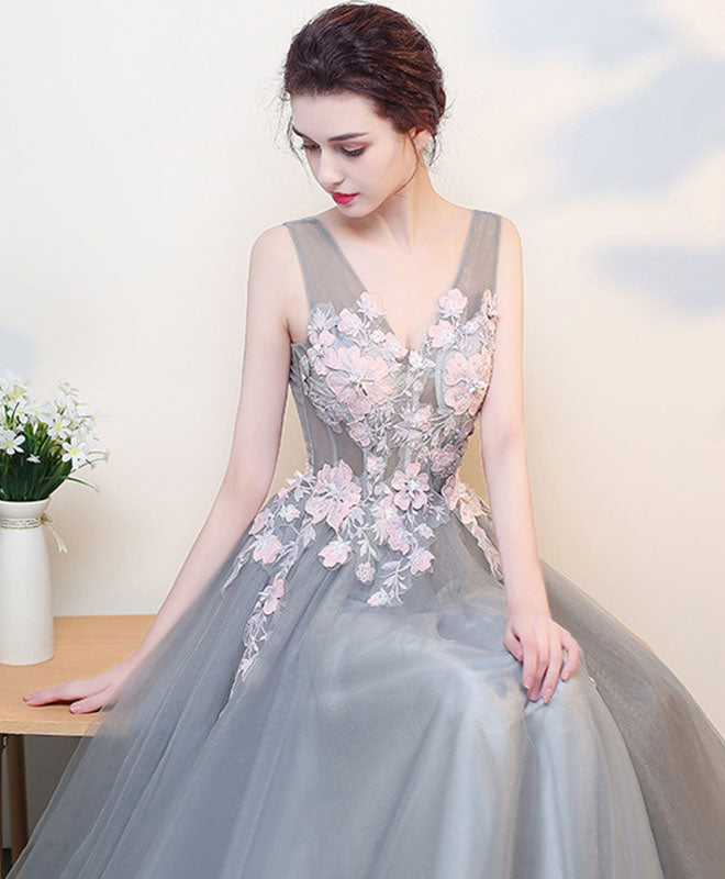 A-Line V-Neck Floor-Length Tulle & Lace Appliqué Prom Dress