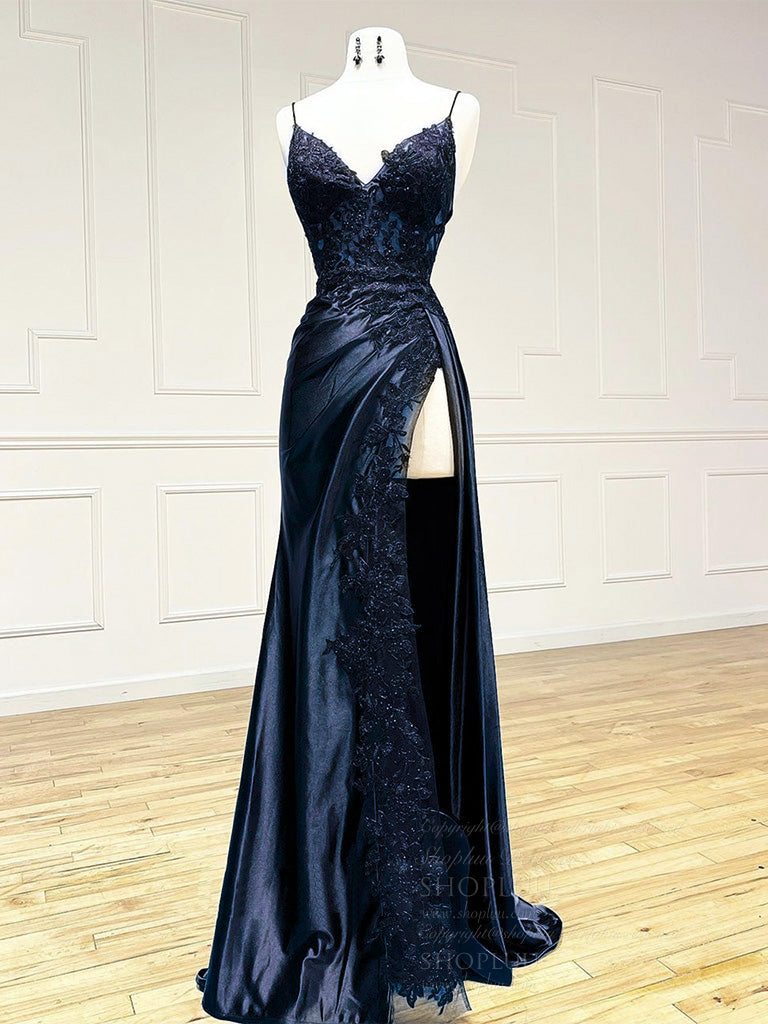 Sheath/Column Navy V Neck Floor-Length Satin & Lace Prom Dress with Lace Appliqué and High Slit