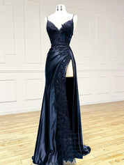 Sheath/Column Navy V Neck Floor-Length Satin & Lace Prom Dress with Lace Appliqué and High Slit