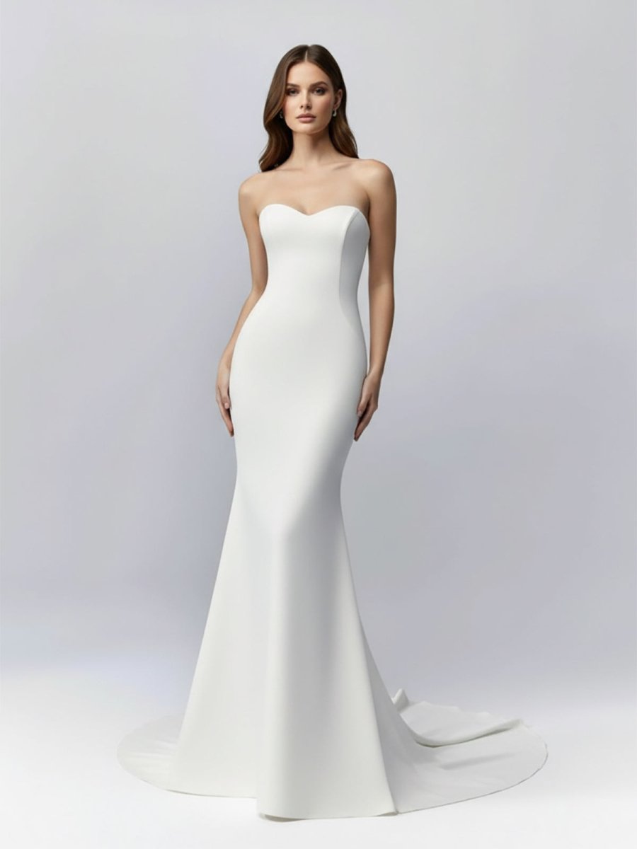 Jolie | White Simple Sweep Train Boho Long Mermaid Wedding Dress - KissProm