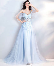 A-Line Sweetheart Floor-Length Tulle Lace Prom Dress with Cold-Shoulder Sheer Sleeves
