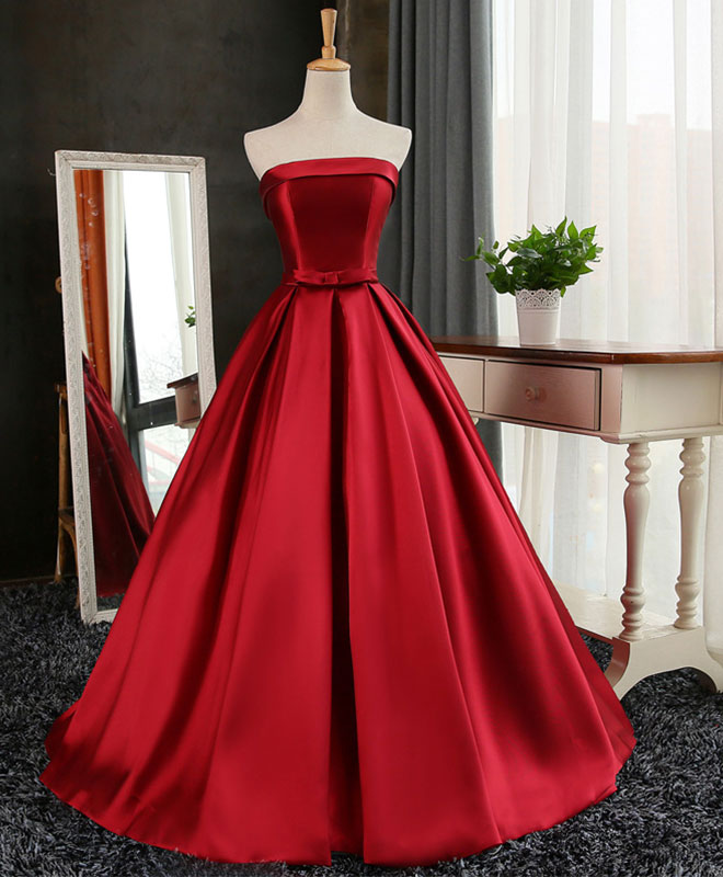 Strapless Ball Gown Satin Floor-Length Prom Dress with Bow & Lace Up Back
