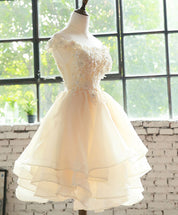 A-Line Off-the-Shoulder Knee-Length Champagne Tulle Homecoming Dress with Floral Lace Appliqué