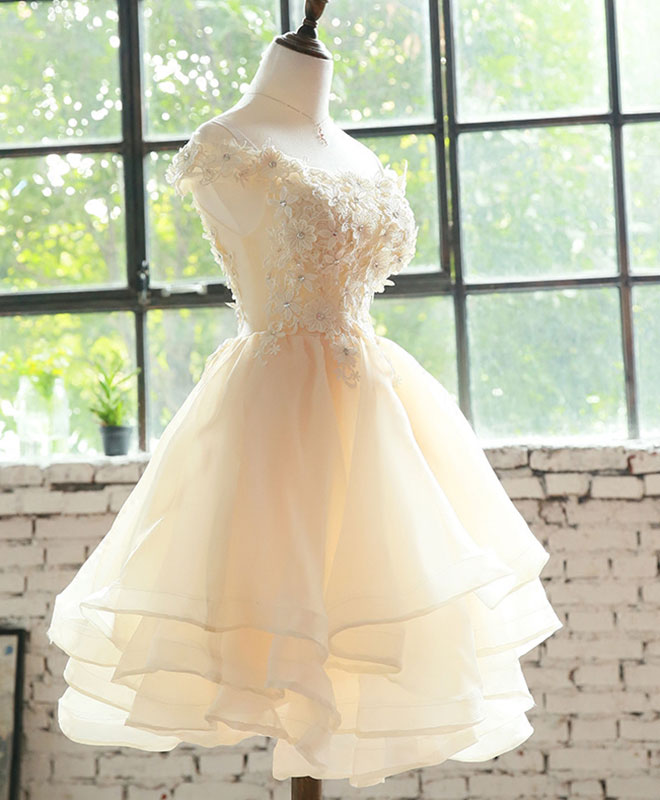 A-Line Off-the-Shoulder Knee-Length Champagne Tulle Homecoming Dress with Floral Lace Appliqué