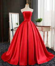 Strapless Ball Gown Satin Floor-Length Prom Dress with Bow & Lace Up Back