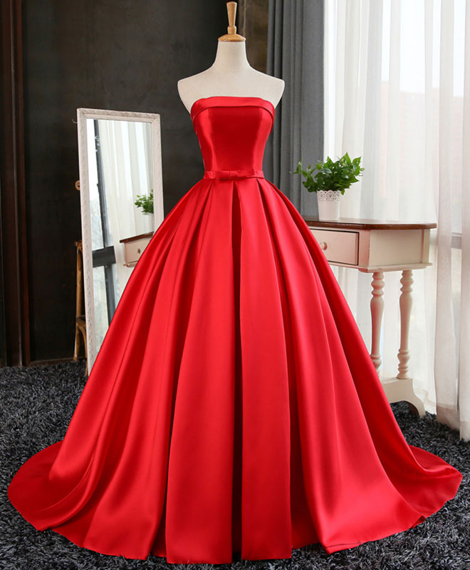 Strapless Ball Gown Satin Floor-Length Prom Dress with Bow & Lace Up Back